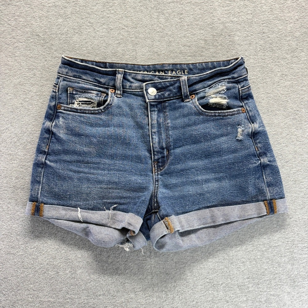 American Eagle Mom Shorts Womens 4 Blue Distressed High Rise Cuffed Denim